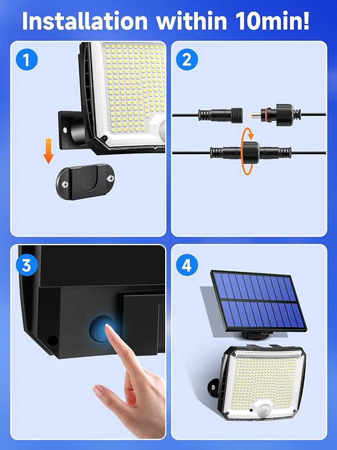 PIKOY Solar Motion Lights Outdoor Waterproof, [Upgraded 318LED/33FT/5 Modes] Solar Security Lights,Remote+IP65 Solares Lamparas Solares para Exteriores Grandes Sin Sensor De Movimiento 2 Pack