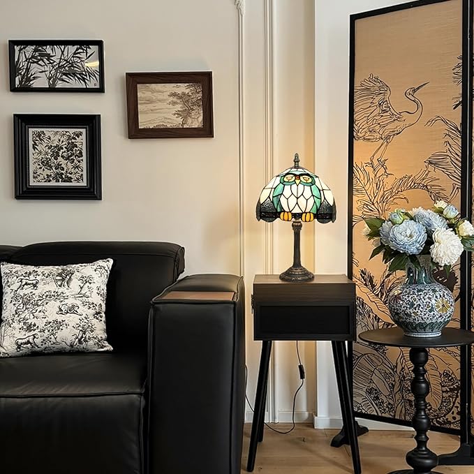 Tiffany Owl Animal Stained Glass Table Lamp Handmade Bedside Table Night Unique Cute Accent Nightstand Light Antique Art Craft Gifts Lamp for Home Office Dormitory Bar Decorate