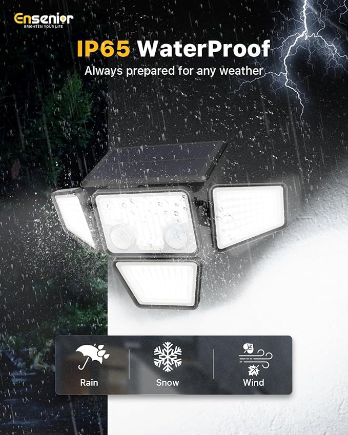 Ensenior Solar Lights Outdoor, Motion Sensor Outdoor Light with Remote Control, IP65 Waterproof 279 LED 4 Heads Solar Security Light with 4 Mode, 270° Wide Angle Solar Flood Light for Outside, 2 Packs
