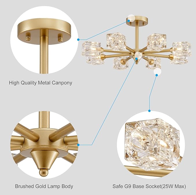 XINGQI 8-Light Semi Flush Mount Ceiling Light Fixture Modern Antique Gold Sputnik Chandeliers Fashion Lighting for Bedroom Dining Room Farmhouse Kitchen Office - Aura Lighting