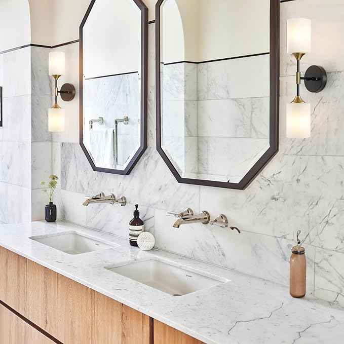 Industrial Mid Century Wall Sconce 2-Lights with White Cylinder Glass Shades Modern Bathroom Vanity Wall Lamp Matte Black and Gold Brushed Brass Finished Wall Light Fixture
