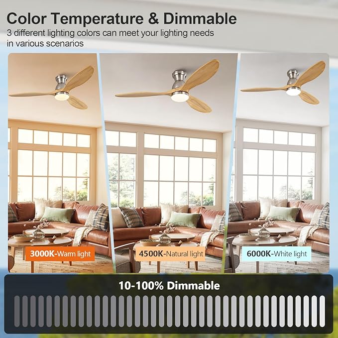 Dimmable 52 Inch Flush Mount Ceiling Fans with Lights and Remote, 3 Blade Wood Bedroom Ceiling Fan with Lights Low Profile Ceiling Fan with Light Brushed Nickel Outdoor Ceiling Fans for Patios