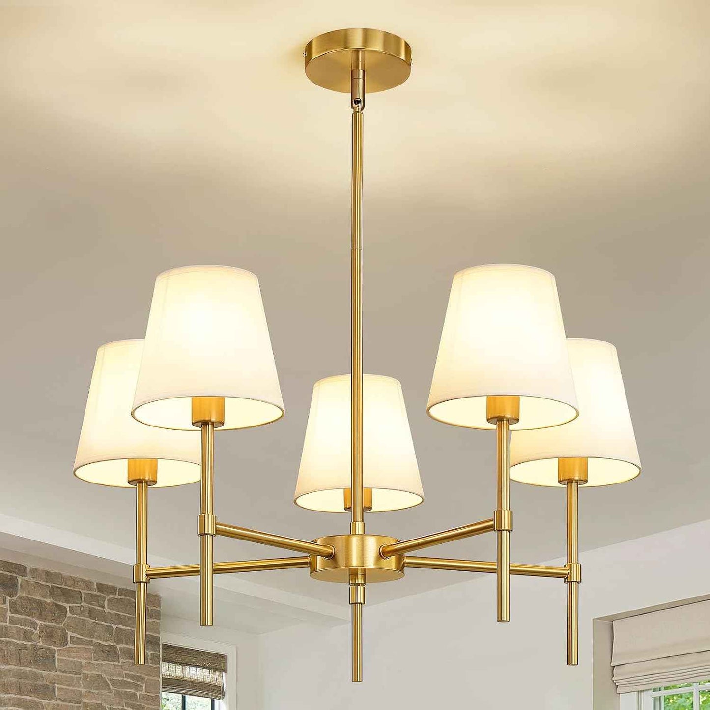 RUIYEY Dining Room Chandeliers Light - 5-Light Gold Modern Chandeliers Light Fixtures with White Fabric Shade, Height Adjustable Pendant Island Light for Entryway Farmhouse