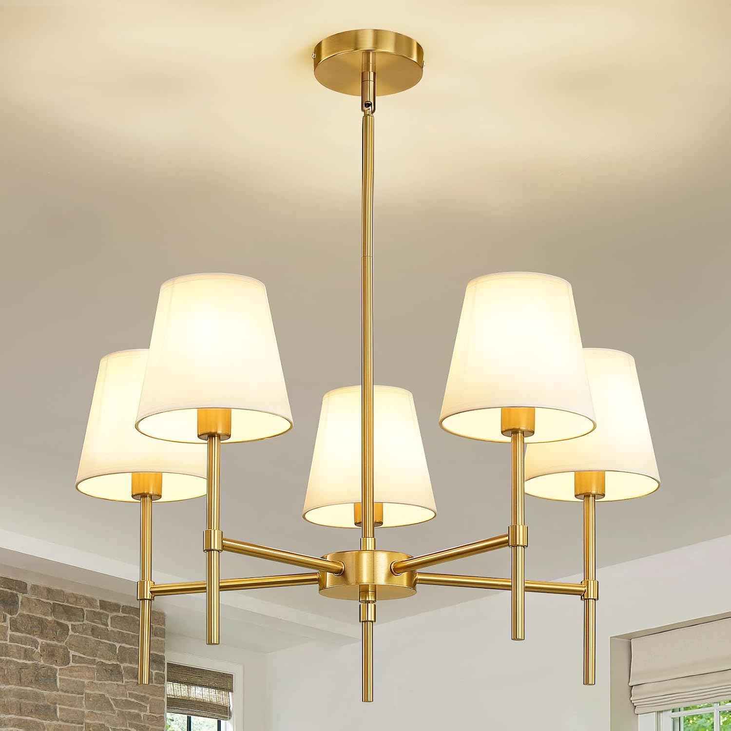 RUIYEY Dining Room Chandeliers Light - 5-Light Gold Modern Chandeliers Light Fixtures with White Fabric Shade, Height Adjustable Pendant Island Light for Entryway Farmhouse