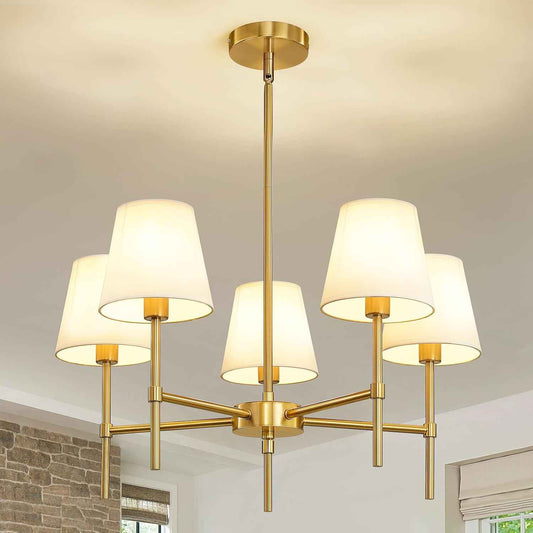 RUIYEY Dining Room Chandeliers Light - 5-Light Gold Modern Chandeliers Light Fixtures with White Fabric Shade, Height Adjustable Pendant Island Light for Entryway Farmhouse