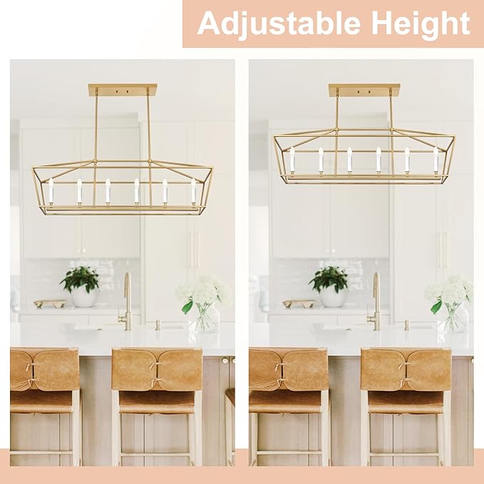 6-Light Gold Large Classic Chandelier Kitchen Island Lighting Over Table, Adjustable Height Pendant Light Fixture, E12 Bulb Base