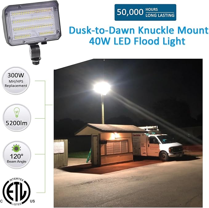 40W LED Flood Light, Outdoor Security Floodlights Fixture with Knuckle Mount Base, Dusk-to-Dawn Photocell Daylight 5,200lm(300W Equivalent) 100-277V IP65 Waterproof for Entrance Yard (2Pack) - Aura Lighting