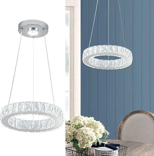 11.8" Crystal Chandelier LED Round Flush Mount Ceiling Light Fixture Modern Hanging Pendant Lighting Mini Ring Chandeliers for Dining Room Kitchen Island Hallway Bathroom (Cool White) - Aura Lighting