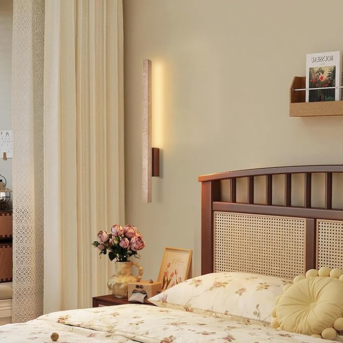 Japanese Style Stone Wall Sconce, Natural Yellow Travertine Wall Lamp, 8W LED Warm Light 3000K Wall Light, Wabi-Sabi Art Light Fixture for Living Room Bedroom Bedside Hallway(Walnut)