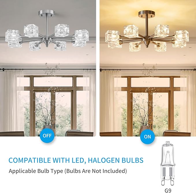 XINGQI 8-Light Semi Flush Mount Ceiling Light Fixture Modern Brushed Nickel Sputnik Chandeliers for Dining Room Living Room Kitchen Bedroom Entryway - Aura Lighting