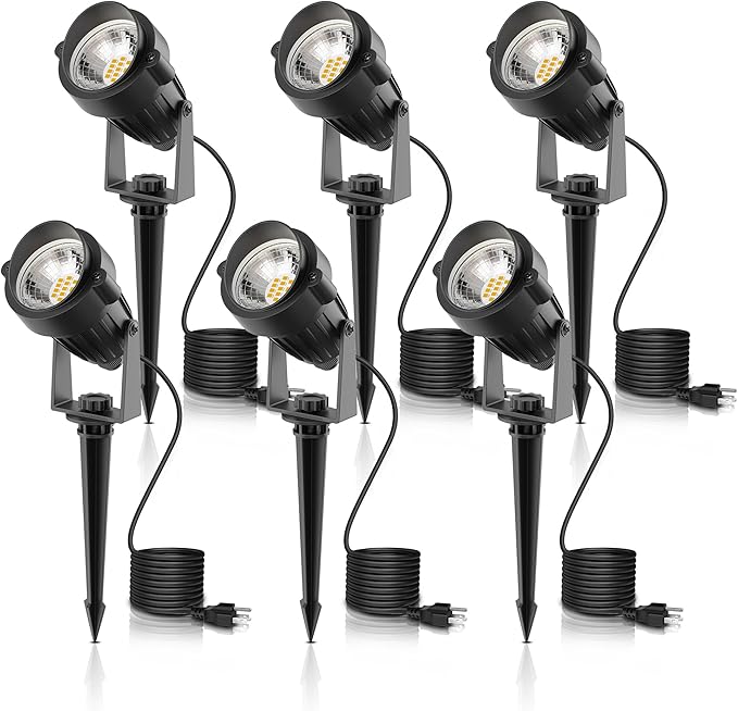 L LOHAS LED Outdoor Landscape Lighting, Auto On/Off 3000K Low Voltage Landscape Lighting, IP66 Waterproof Spot Lights for Yard, Outside, Garden, House, Pathway, Plant, Holiday Decor (6 Pack) - Aura Lighting