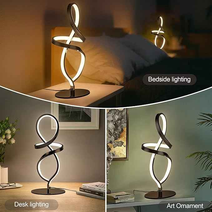 Mayful Modern Lamp with LED Spiral Design, Bedside Lamp with Stepless Dimming Switch, Contemporary Nightstand & Black Table Lamp for Bedroom, Living Room, Home Office, 12W 3200K Warm White,2 Pack