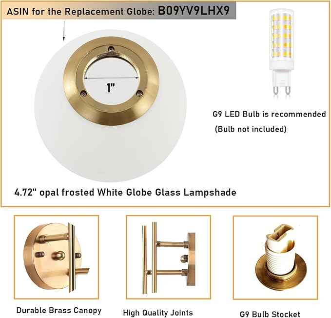 Gold Globe Wall Sconce, 7.5" W x 20" H, G9 Base, Compatible with LED or Halogen Bulbs, Perfect for Bathroom, Kitchen, Living Room, Home Office, Lobby, Bedroom