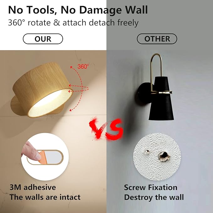 Koopala LED Sconces, Wall Mounted Lamps with Rechargeable Battery Operated USB Port 3 Color Temperatures & 3 Brightness Levels 360°Rotate Magnetic Ball, Cordless Lights for Reading Bedside - Aura Lighting