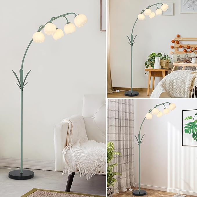 HMVPL Arc Floor Lamp for Living Room, Flower Floor Lamp with 5 G9 LED Bulbs, Foot Switch, Green Floral Standing Lamp with Acrylic Shade, Curved Tall Lamp for Living Room Bedroom Corner Kids Reading - Aura Lighting