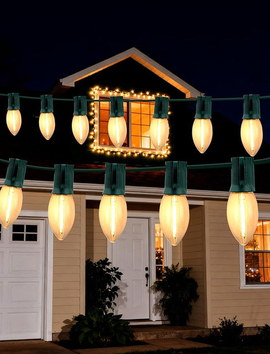 (2-Pack) 50FT 50 LED C9 Outdoor Christmas Lights, Waterproof & Connectable String Lights for Holiday Decor, Super Bright Warm White Bulbs for Patio, Yard, Porch, and Roofline