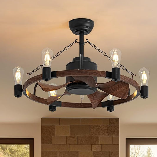 Ceiling Fan with Light, 28” Rustic Chandelier Ceiling Fan with Remote Control, Farmhouse Caged Ceiling Fan with Lights for Bedroom, Kitchen, Living Room, Dining Room - Aura Lighting