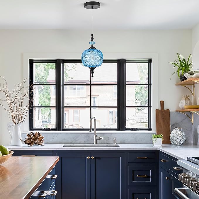 Vintage Blue and Black Glass Pendant Lights Kitchen Island Light Modern Bedroom Pendant Lighting Fixtures Hanging Lamp for Kitchen Island Bedroom Dining Room Coffee Shop Hallway