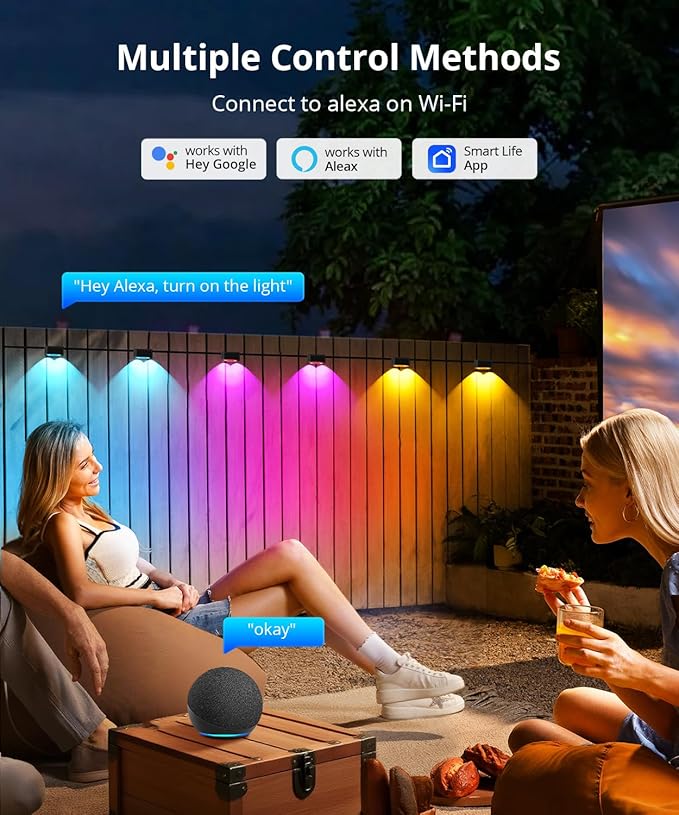 Outdoor Deck Lights 24 Packs, Smart RGBCW Fence Light, 100+ Scene Modes, Dual Lens LED String Lights with APP/Voice/Remote Control, IP65 Waterproof for Halloween Christmas Decor, 157ft Black