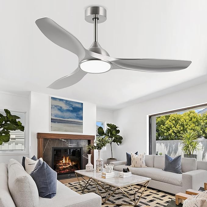 52 Inch Quiet DC Motor 6 Speed High CFM Modern Ceiling Fan with Lights Remote Control, 3 Blade Indoor Silver Ceiling Fan for Bedroom, Office, Living Room