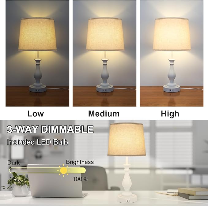 LALISU Farmhouse Table Lamp Touch Control 3-Way Dimmable Table Lamp, Modern Nightstand Lamp with 2 USB Port Bedside Desk Lamp with Fabric Shade for Living Room Bedroom Hotel (Pack 1-Off White)