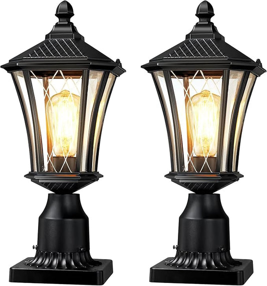 YSN Outdoor Post Lights 2 Pack, 16" Lamp Post Light Fixture, Black Pole Lights Outdoor, Waterproof Lamp Posts Outdoor Lighting with Pier Mount Base, Anti-rust Post Lamps for Outside Yard Garden Garage