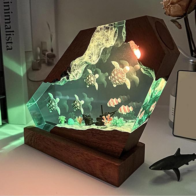 Sea Turtle Ocean Resin Lamp - Handmade Resin Night Light with USB Port, Variable Lights, Sea Turtle Gifts for Women and Men, Ocean Enthusiast Collectibles, Unique Birthday Gifts for Him & Her (8"x5")