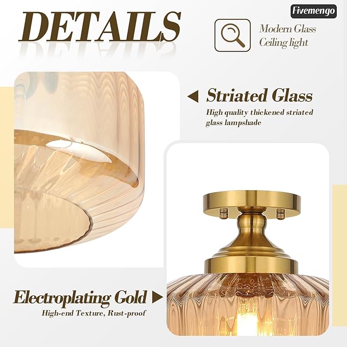 11.8in Semi Flush Mount Ceiling Light Fixture, Vintage Striated Glass Kitchen Lighting Fixtures Ceiling Mount for Entryway Hallway Bedroom Dining Room Bathroom Foyer Laundry (Amber)