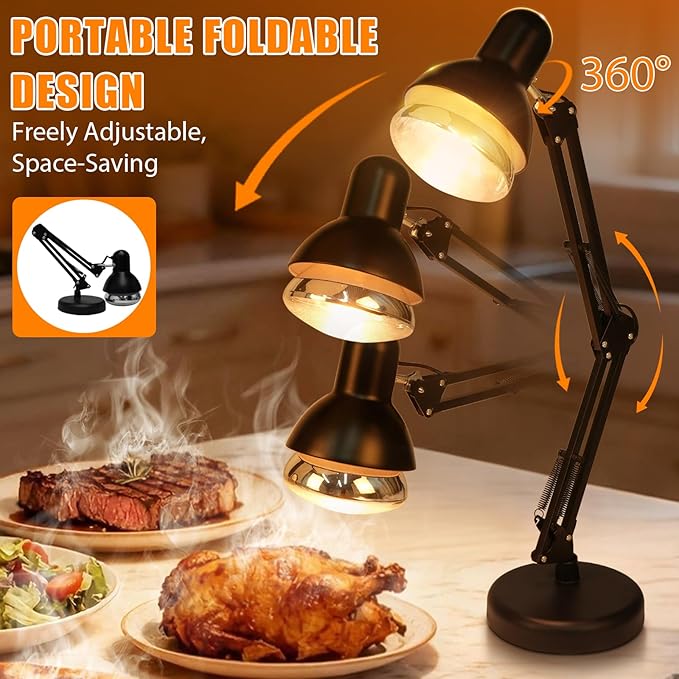 Portable Food Heat Lamp - [Foldable Design] [3S Quickly Heating] Food Warmer Light, Commercial Heat Lamp for Food, Catering Warming Lamp for Parties, Buffet, Pizza, Chicken, Chocolate (Black)