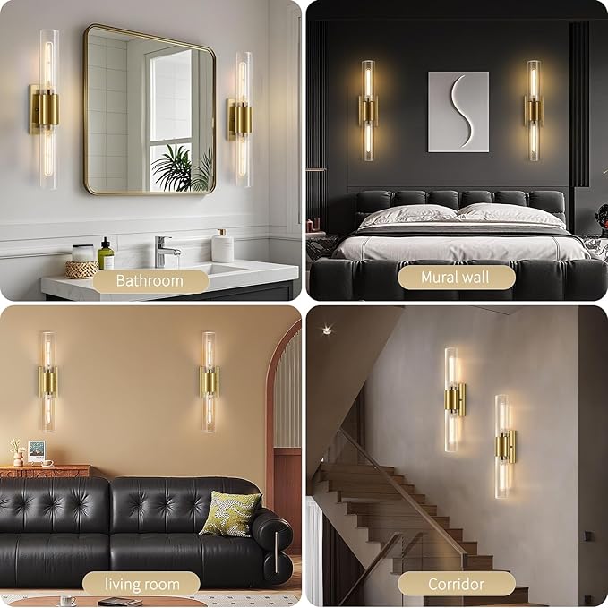21" Gold Wall Sconces Set of Two, 2-Light Bathroom Sconces Vanity Light Tube Sconce, Clear Glass Indoor Hardwired Mounted Wall Lighting for Living Room,Bedroom,Hallway-Gold Clear (Bulb Not Included) - Aura Lighting