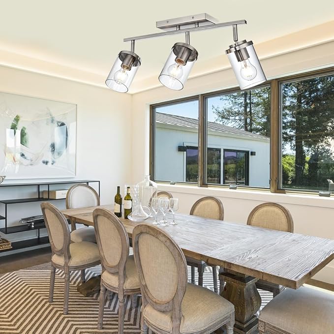 BONLICHT Modern Semi-Flush Mount Ceiling Light 3-Light Adjustable Ceiling Spotlight Brushed Nickel Kitchen Track Lighting Fixtures Industrial Wall Vanity Light Fixture with Clear Glass Shade - Aura Lighting