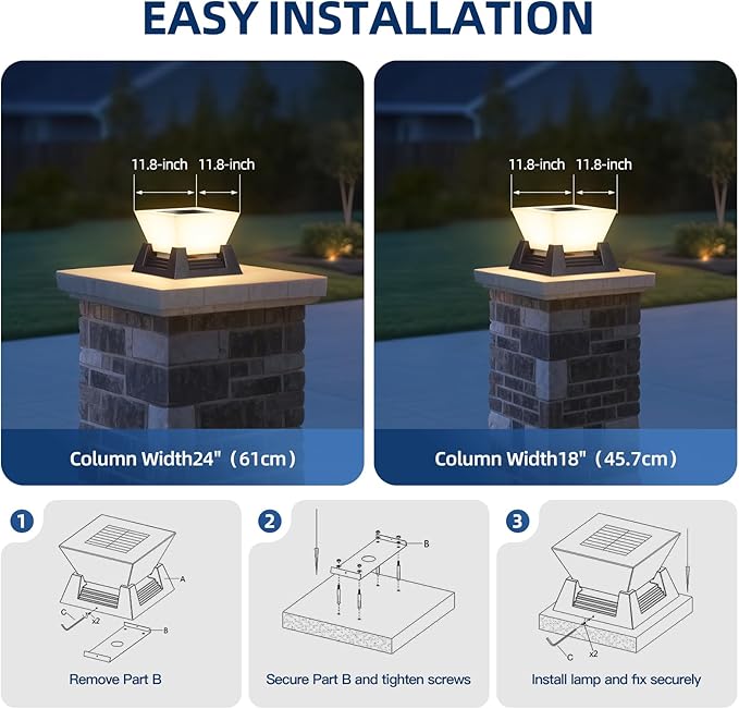 Solar Post Lights, 11" Pillar Light Outdoor, 3000K LED Solar Column Lights Outdoor IP54 Waterproof Square Column Lamp Modern Dusk to Dawn Pillar Lighting for Patio Garden Yard Deck Backyard