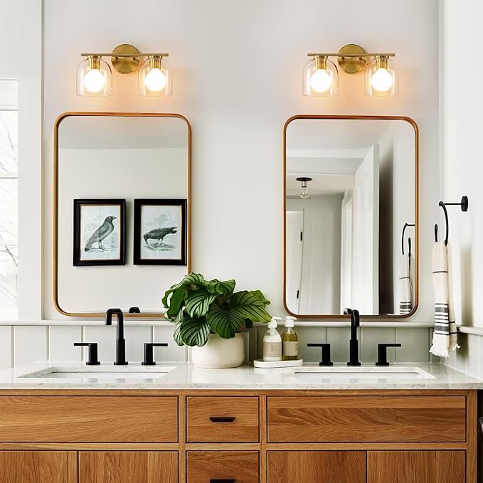 WOSHITU Bathroom Vanity Light Fixtures: 14.2 Inch Modern Gold Bathroom Light Fixtures Over Mirror with Clear Glass Shade, Brushed Gold 2 Light Wall Mount Sconces Above Mirror