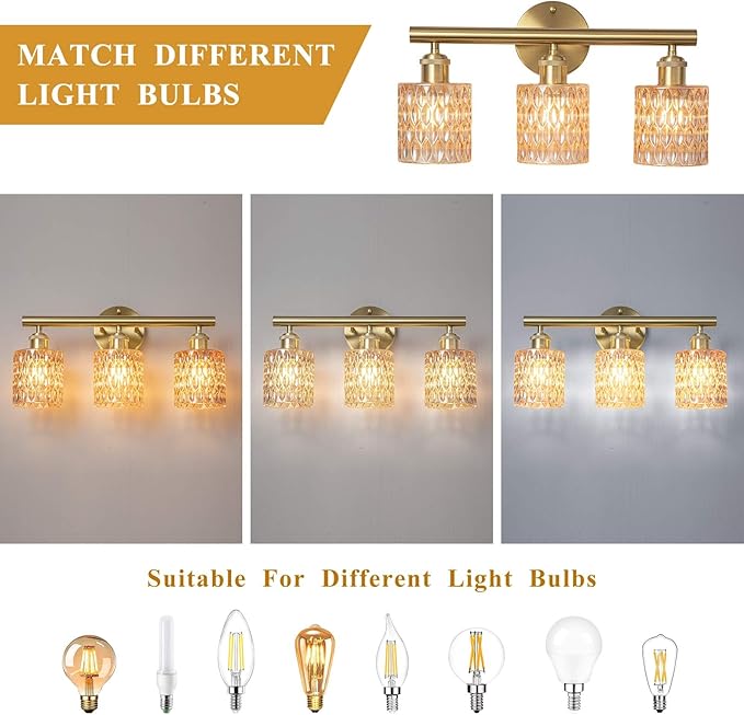 Bathroom Vanity Light, Gold Wall Fixture Over Mirror, Amber Glass Shade Lighting with Bulbs Included for Bedroom & Living Room,3-Lights