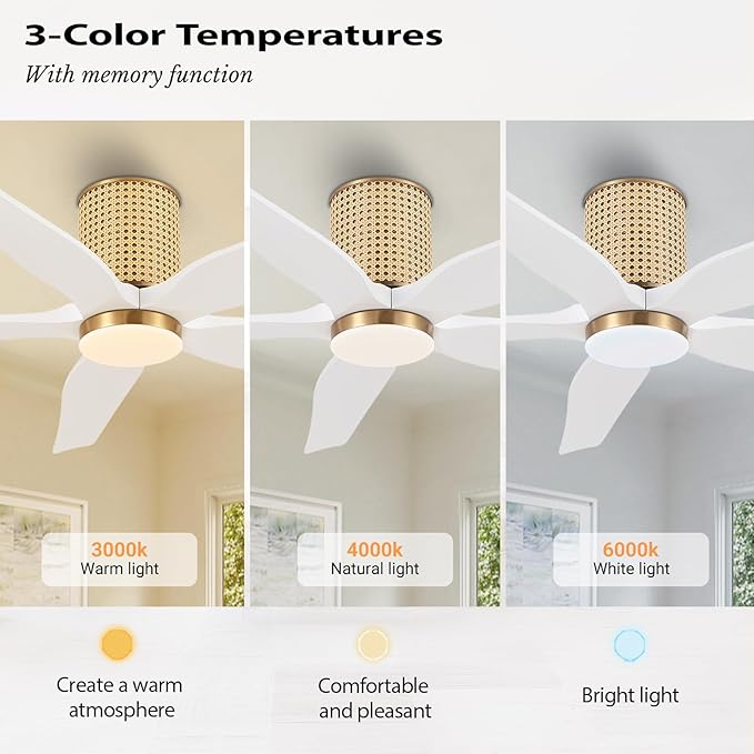 54" Ceiling Fan with Light - Low Profile Flush Mount Ceiling Fan, 6-Speed Remote Control, Solid Wood, Quiet Reversible DC Motor, White/Gold Finish, for Bedroom, Living Room, Porch - Aura Lighting