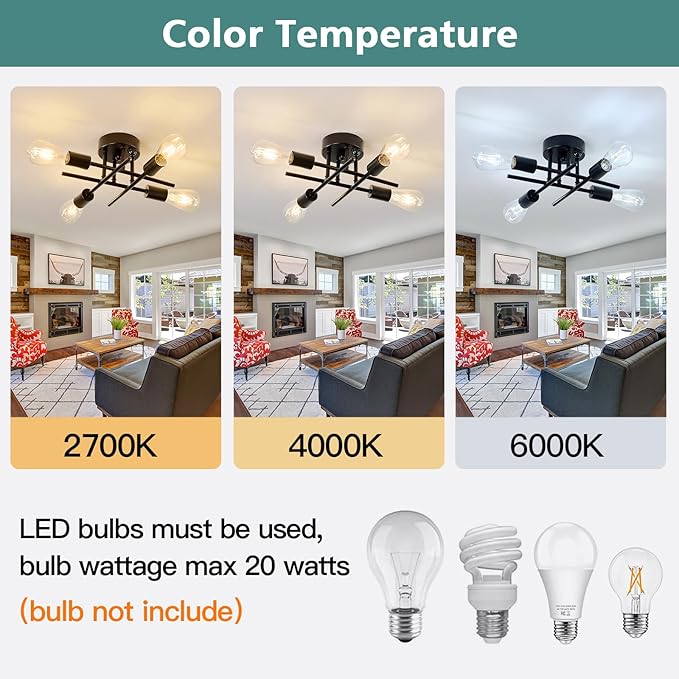 ZGLAOJT Indoor Ceiling Light with Motion Sensor 4 Light Semi Flush Mount Ceiling Light Black Matte with E26 Base Modern Chandelier for Farmhouse Kitchen Dining Room Bedroom Study Living Room.