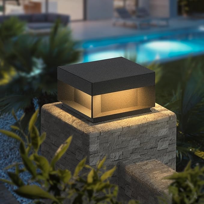 Modern Landscape Post Light, 9.8" Outdoor 120V High Voltage Wiring IP54 Waterproof Luxury Fence Deck Pillar Cap Patio Garden Decoration Lantern Column Lamp with 3000K Lighting