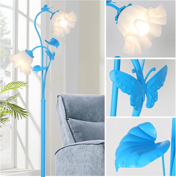 HMVPL Blue Floor Lamp for Living Room, Flower Standing Lamp with 2 LED 5W Blubs, Foot Switch, Floral Tall Lamp with Acrylic Shade, Antique Lotus Flower Floor Lamp for Living Room Office Reading - Aura Lighting