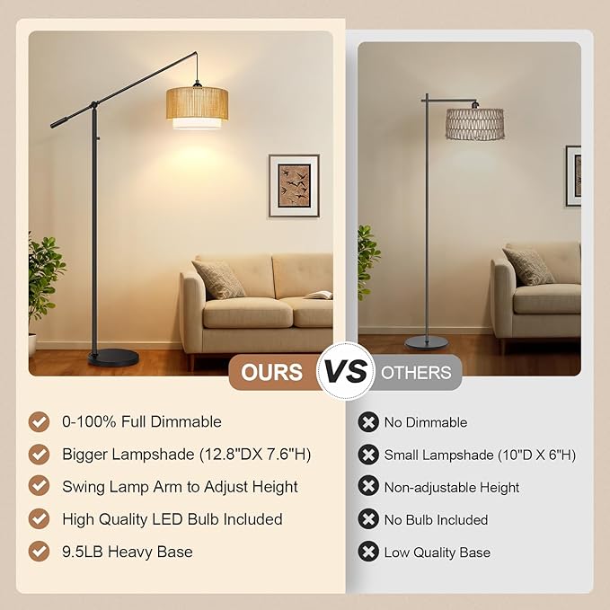 【Upgraded】Dimmable Boho Floor Lamp for Living Room, Modern Swing Arm Floor Lamp with Rattan & Fabric Shades, Black Rattan Standing Lamp with 11W Bulb, Farmhouse Adjustable Tall Lamp for Bedroom Office