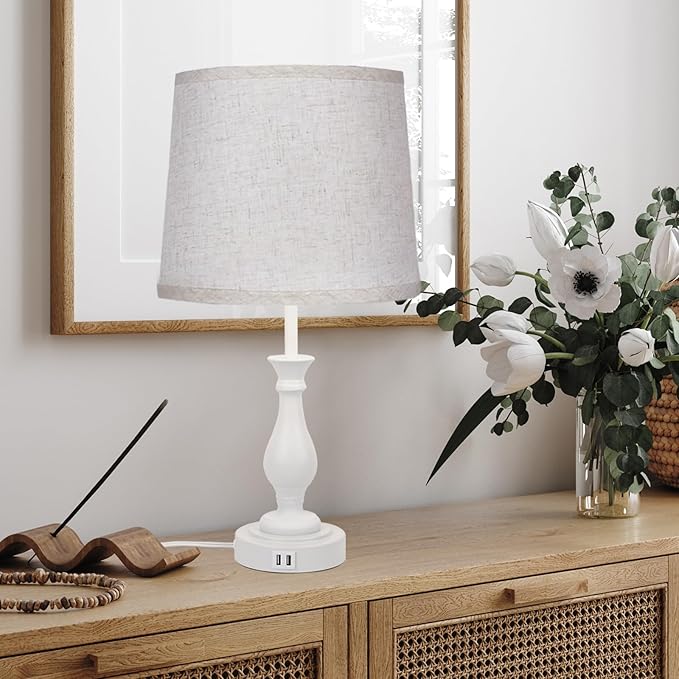 LALISU Farmhouse Table Lamp Touch Control 3-Way Dimmable Table Lamp, Modern Nightstand Lamp with 2 USB Port Bedside Desk Lamp with Fabric Shade for Living Room Bedroom Hotel (Pack 1-Off White)