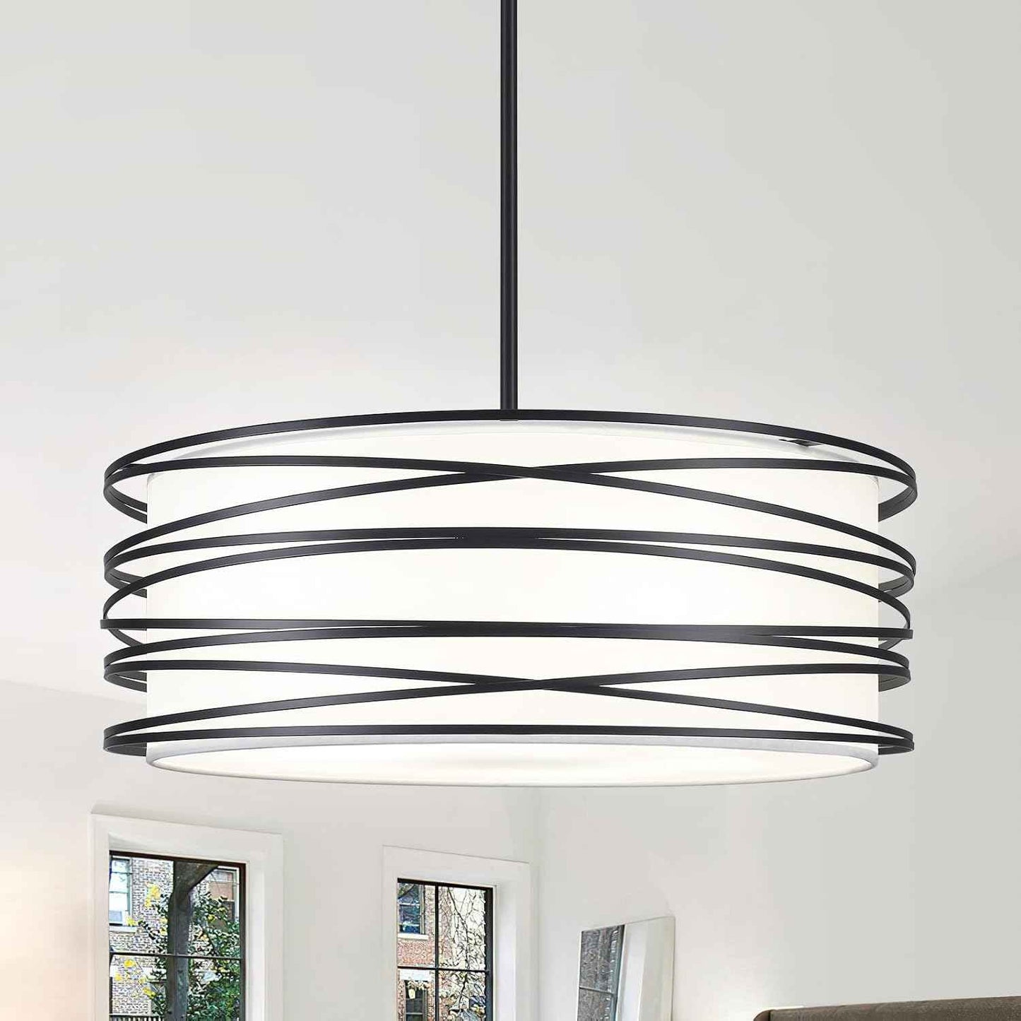 19.7'' 5-Light Black Drum Chandelier - Black and White Industrial Light Fixtures Modern Farmhouse Pendant Light for Kitchen Island Dining Room Hallway Kitchen Island Bedroom