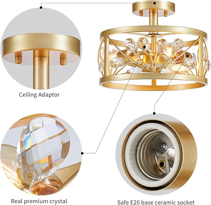 WUZUPS Crystal Leaf Chandelier 3-Light Vintage Farmhouse Industrial Semi-Flush Mount Ceiling Light Modern Lighting Fixture for Foyer Bedroom Hallway Storage Room Kitchen Bathroom, H 8.5" W 12", Gold