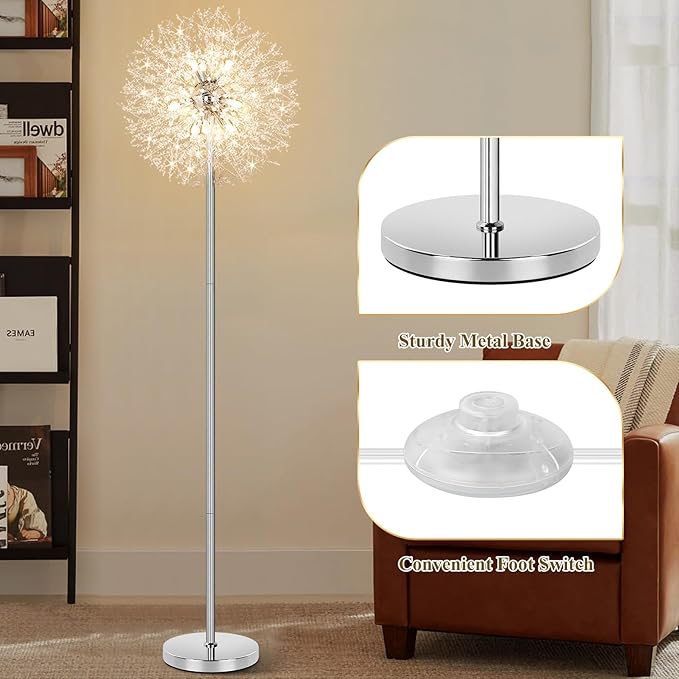 BesLowe 69'' Crystal Floor Lamp for Living Room, Modern Standing Lamp with 738PCS K9 Crystals, Tall Lamp Pole Light for Bedroom Office, Mid Century Silver Floor Lighting with 9 LED Bulbs, Chrome