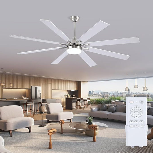72 Inch Large Ceiling Fans with Lights and Remote, Indoor/Outdoor Nickel Modern Industrial Ceiling Fan with light for Living Room Patios Porch, Reversible Quiet Motor, 8 Dual Finish Blades