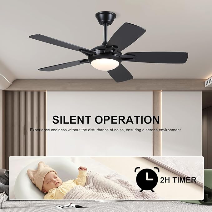 Ceiling Fans with Lights and Remote, 46 Inch Modern Ceiling Fan with Light, Black Ceiling Fans for Bedroom Living Room Indoor/Outdoor, Reversible Quiet Motor, Dimmable LED Light, Black