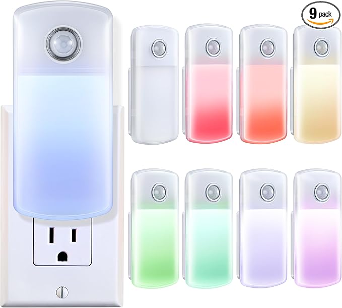 Enhon Emergency Power Failure Night Lights, 5-in-1 Multi Color LED Light, Rechargeable Flashlight with Foldable Plug, Automatic On Off Motion Sensor for Bedrooms, Hallways, Black Outs (9 Pack)