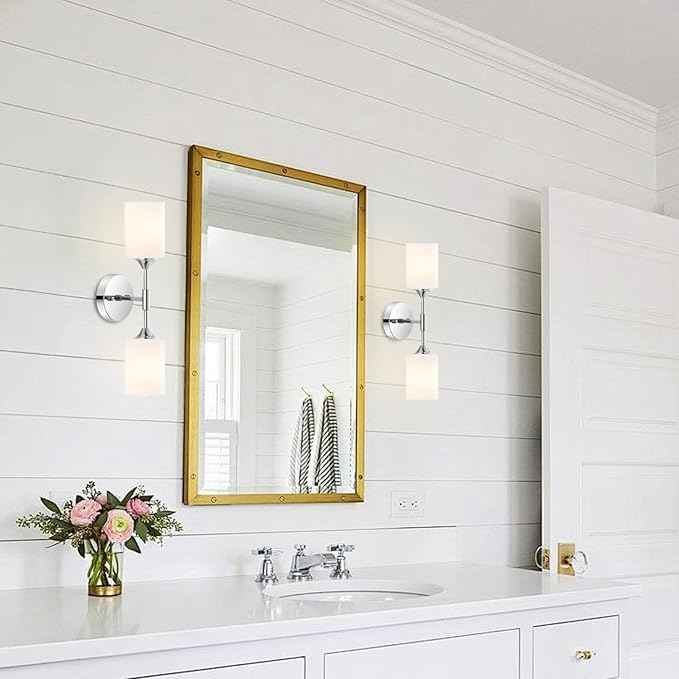 2-Lights Modern Wall Sconce White Cylinder Glass Shades Mid Century Bathroom Vanity Wall Light Fixtures Industrial Wall Lamp for Bedroom Mirror Living Room Restaurant(Chrome Color)