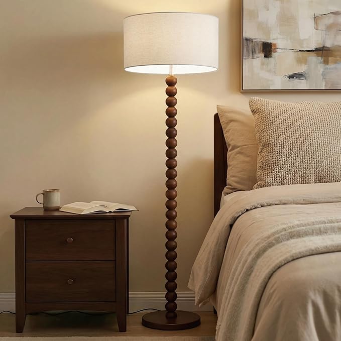 Buruis 61" Beaded Wood Floor Lamp with 17.2" Large Linen Shade, UL Listed, Retro Mid-Century Accent Walnut Finish Standing Lamp for Living Room, Bedroom, Office, Corner, Bulb Not Included, Cream