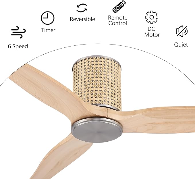 48" Ceiling Fan No Light - Low Profile Flush Mount Ceiling Fan, 6-Speed Remote Control, Solid Wood, Quiet Reversible DC Motor, Wood/Silver Finish, for Bedroom, Living Room, Porch - Aura Lighting