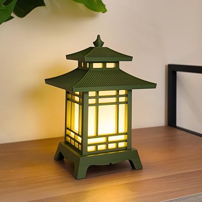 Japanese Pagoda Lantern - Exquisite Japanese Decor for Home and Room | Unique Desk Lamp and Table Lamp Design | Mini Pagoda Transforms Any Space (Olive Green (8.75in Tall) - Cordless)